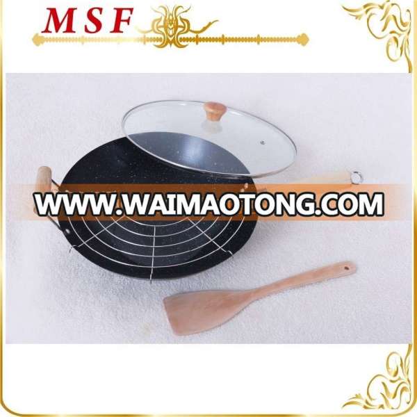 34cm carbon steel marble coating wok pan with grill rack and wooden spatula